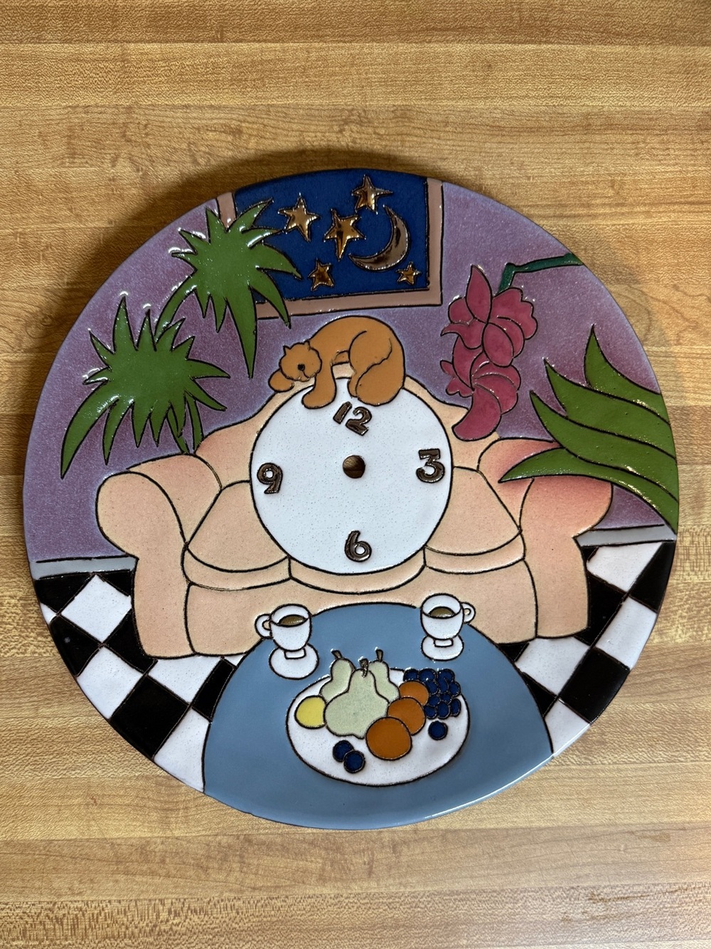 Vintage Judy Miller Art Pottery Clock Plate Signed 1990 Cat Sofa Scene